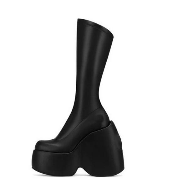 Stivaletti alla caviglia in pelle con plateau a zeppa suola spessa punta quadrata Donna 2022