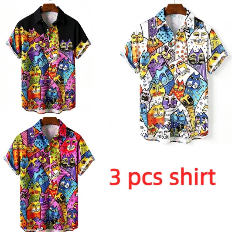 Summer Fashion Funny Colorful Cartoon Cat Printing Shirt Hawaiian Beach Vacation Clothing Men's Street Style Shirt Daily Men's and Women's Shirt