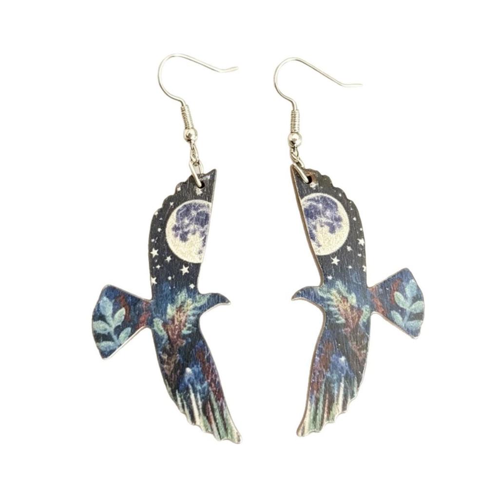 New Eagle Print Night View Wooden Earrings – Stylish and Versatile Fashion Accessories
