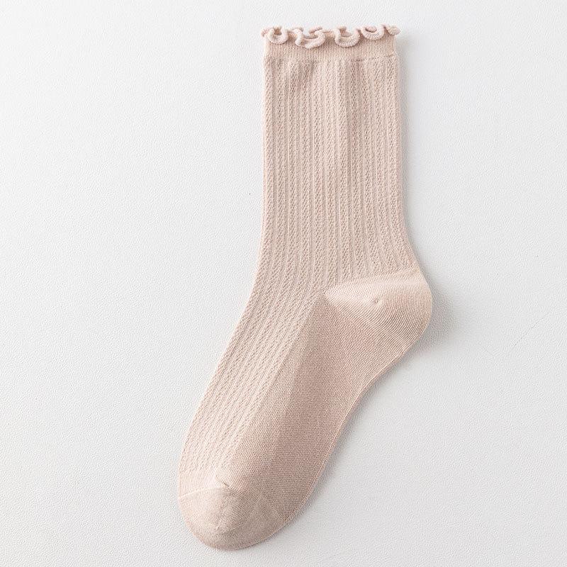 Ladies Spring and Autumn Solid Color Fungus Lace Boneless Medium Tube Pile Cotton Socks