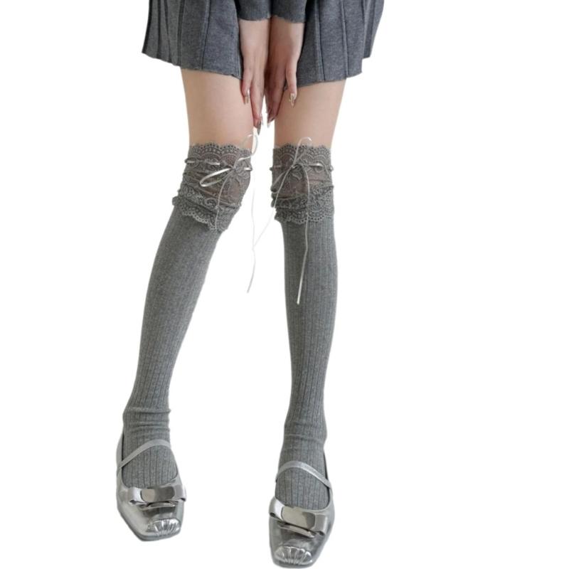 Ribbed Knit Striped Over Knee Long Socks for Women Japanese Student Sweet Bowknot Lace Splicing Thigh High Stockings
