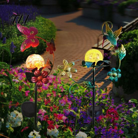 Energy Saving Pathway Decor Solar Glass Cracked Ball Garden Light, Butterfly Hummingbird Metal Romantic Courtyard Atmosphere Lights Stake Waterproof