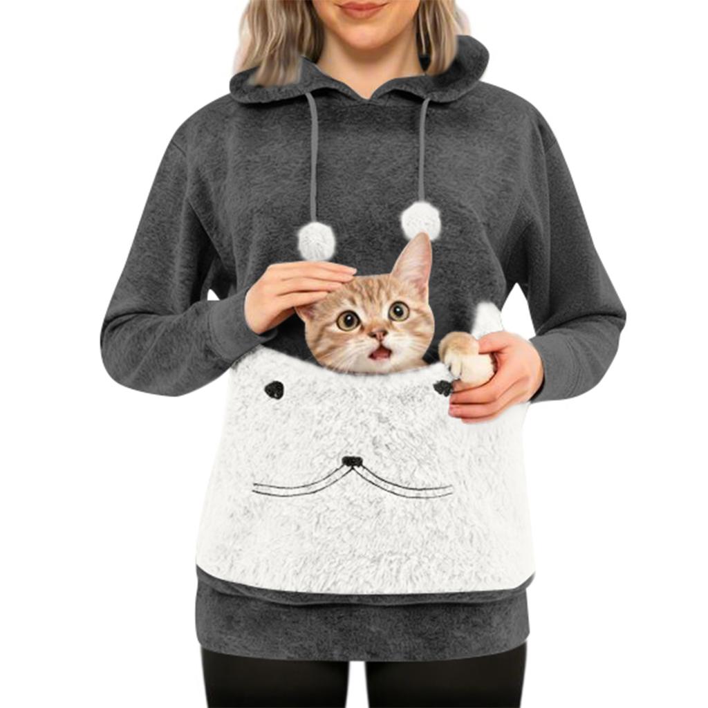 Women's Fashion Casual Top Solid Color Long Sleeve Pet Pocket Hoodie Sweatshirt