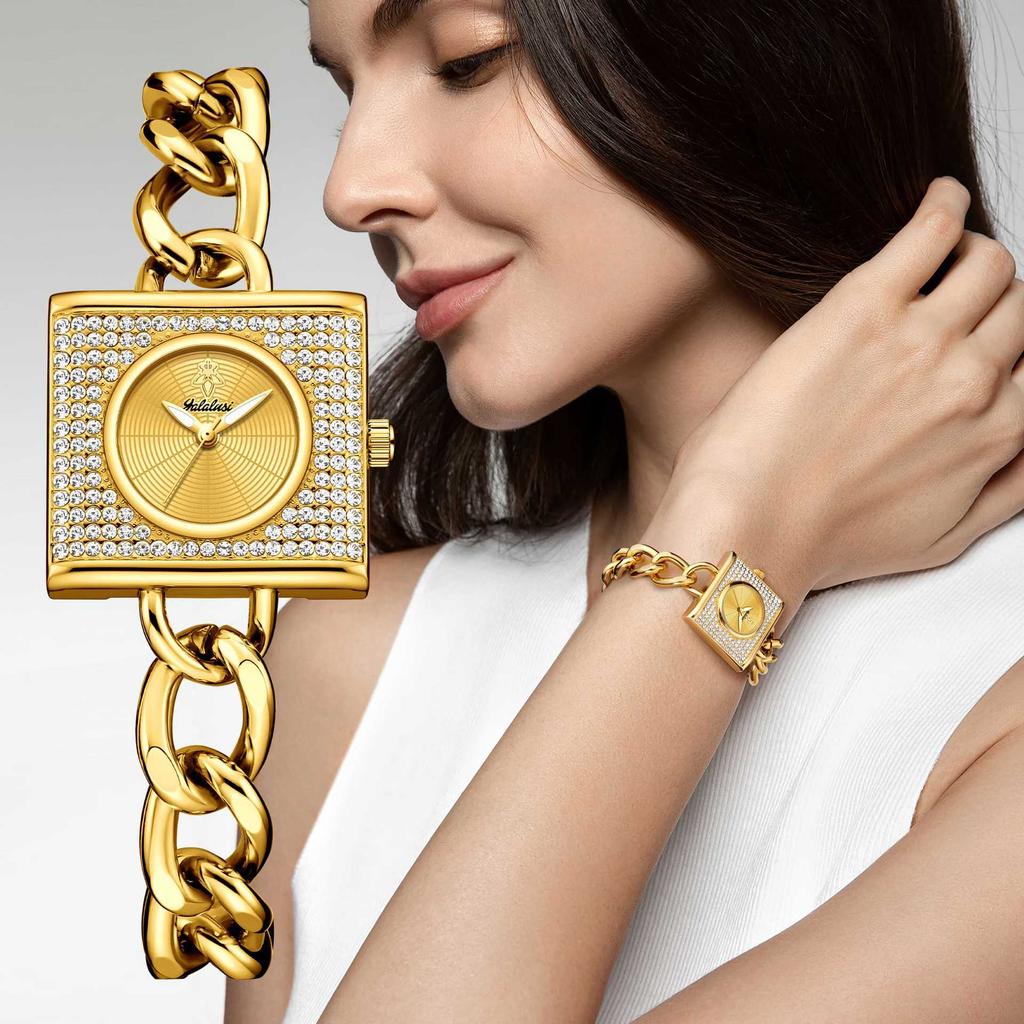 Yalalusi Luxury Full Diamond Square Disc Women'S Watch Chain Strap Women'S Watch Fashion Temperament Waterproof Quartz Watch