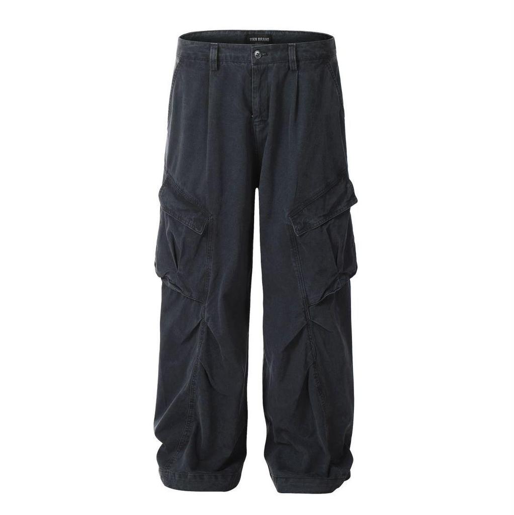 11KN Unisex Retro Wide Leg Work Pants with 3D Pockets - Pleated, Loose, Slimming, Casual, Long Fit
