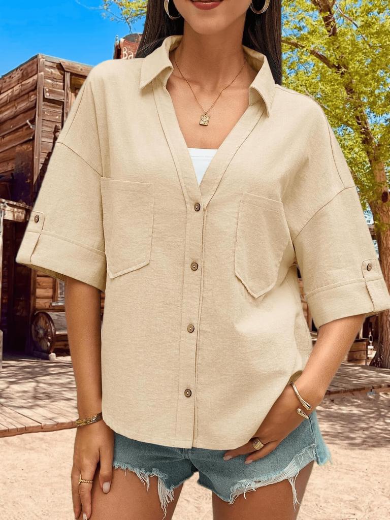 Women's Button Down Collared Blouse V Neck Cotton Short Sleeve Loose Top