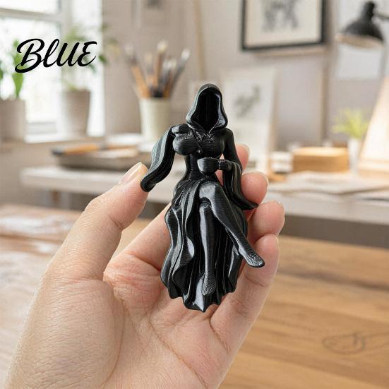 Hooded Girl Sculpture Gothic Reaper Lady Figurine 3D Printed Dark Fantasy Shelf Sitter Elegant Figurine Mysterious Black Robed Women Pouring Tea for
