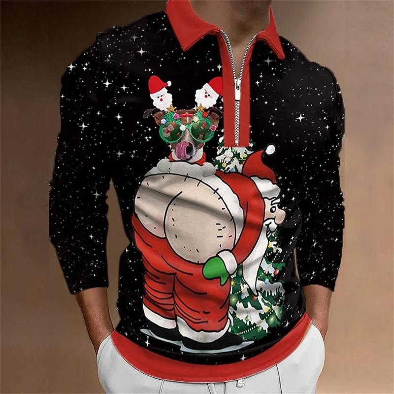 Men Fashion Spring Autumn Polyester Zippo Polo Shirt  Christmas 3D Digital Print Casual Polo Shirt Tops
