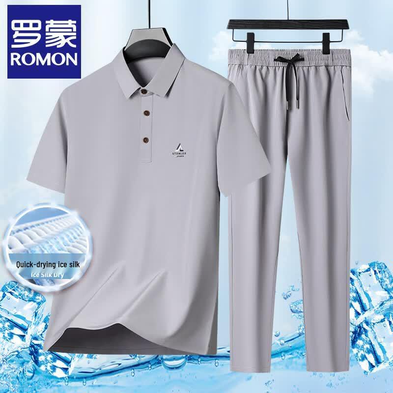 Romens Men s Ice Silk Polo Short Sleeve Top & Casual Set L