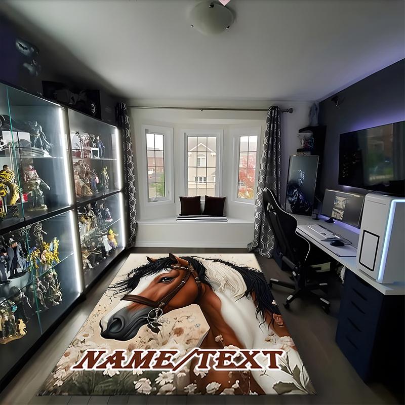 1PC Custom Name Horse Portrait Name Theme Floor Mat Ideal for Living Room, Game Rooms, Office, Bedroom,Floor Mat Playful Design