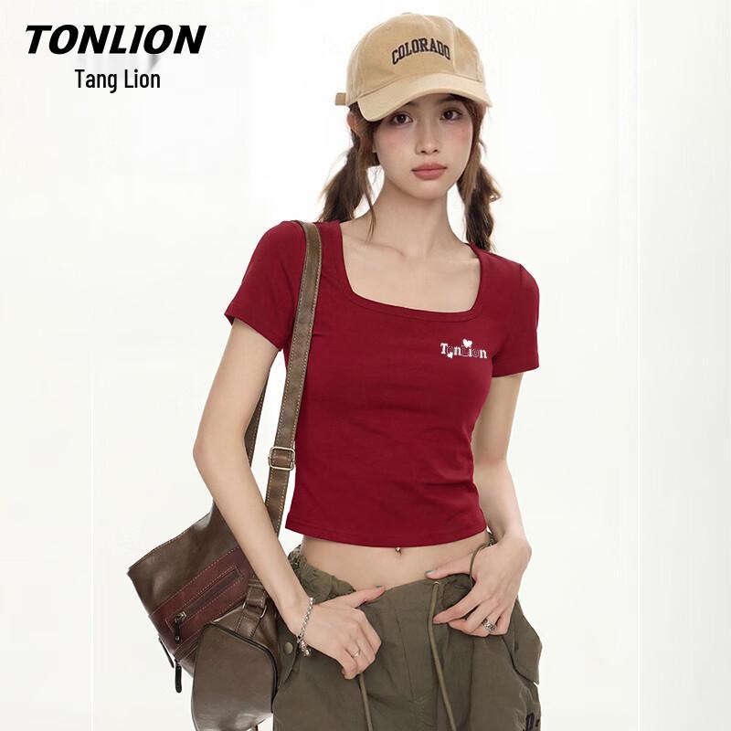 TonLion Women s Square Neck Slim Fit Crop Top T-Shirt M