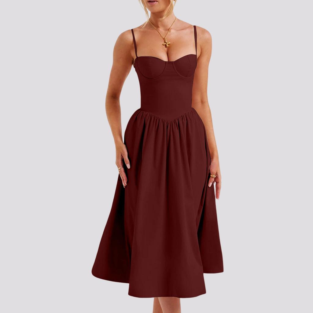 Women's Summer A-Line Midi Dress Sleeveless Spaghetti Strap Slim Fit Waist Casual Dress