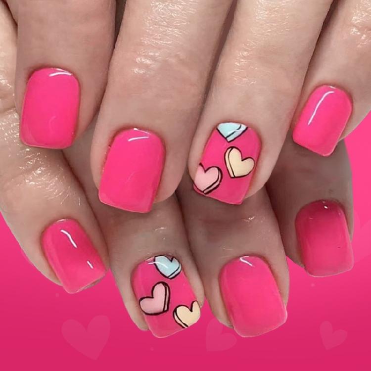 24Pcs Heart Pattern Artificial Nail Short Square Shape Bright Pink Shine for Love Themes Romantics Design 1