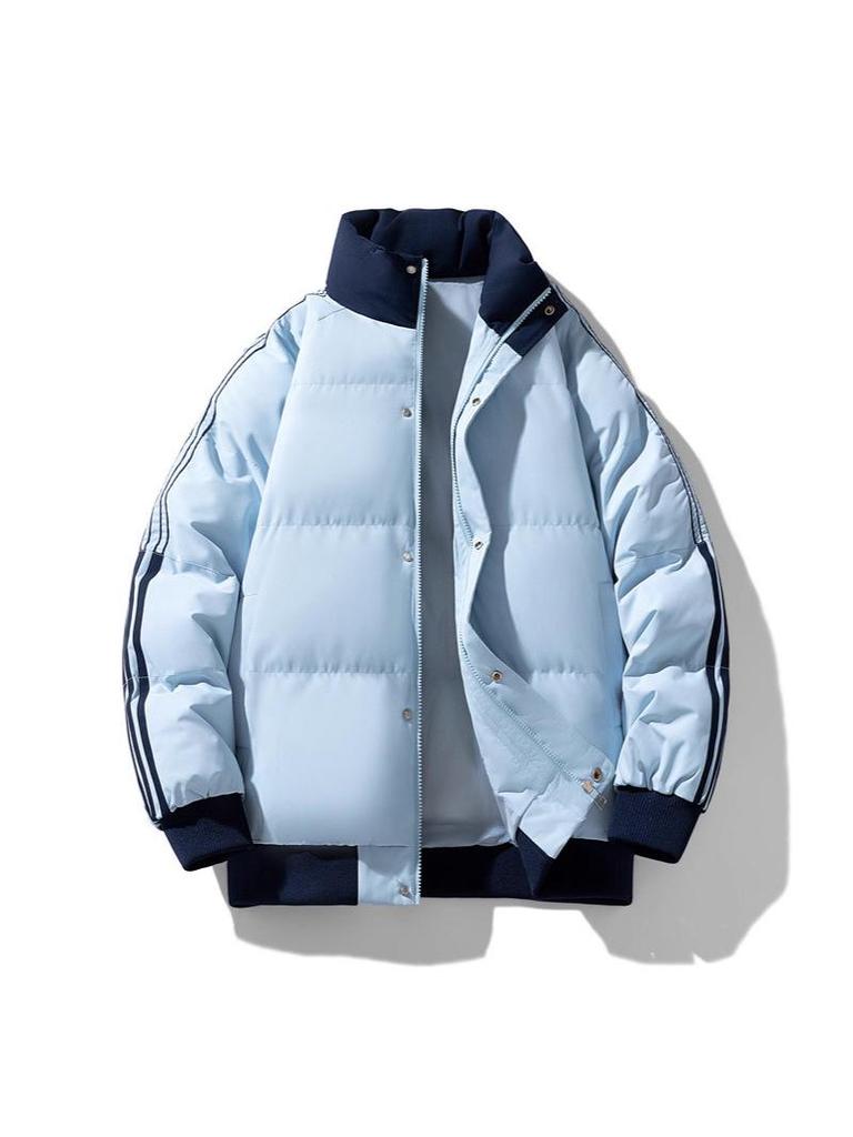 Men's Winter Color Block Stand Collar Jacket: Thick, Warm, Trendy, Versatile, and Casual Striped Outerwear for Couples