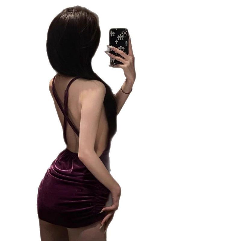 Purple velvet cheongsam erotic underwear sexy pure desire free lace satin nightdress deep chest naked back