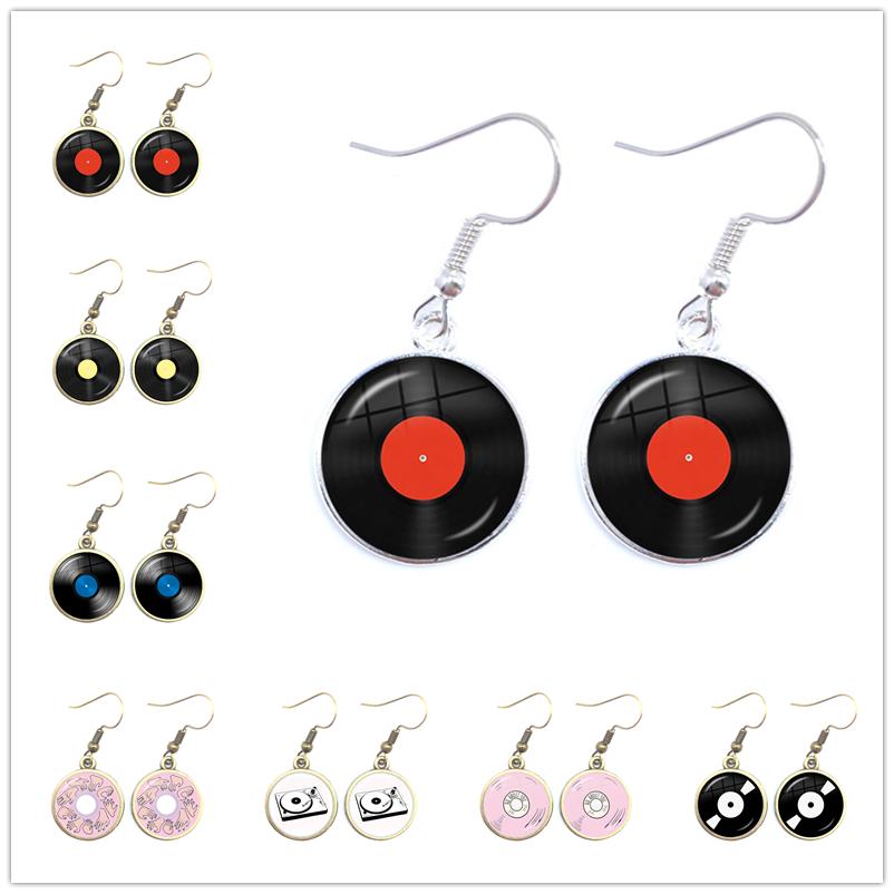 Retro CD Record Drop Earring Disc Classic Music Gramophone Record Glass Cabochon Earrings Gift for Music Loves