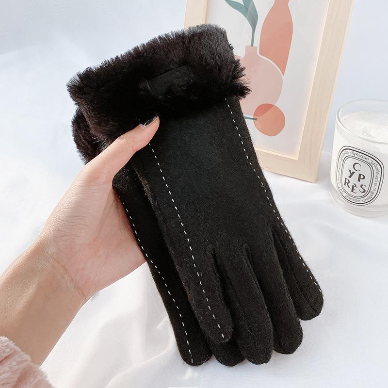 Winter Gloves Women Girl Cashmere Touch Screen Warm Gloves Elegant Outdoor Riding Wool Bow Full Cotton Finger Driving Mittens
