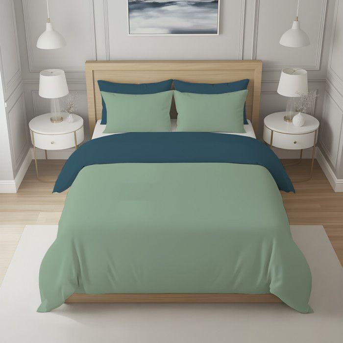 Housse de couette bicolore en coton 57 fils 240x220 cm UNI vert eau et bleu canard, par Soleil d'ocre