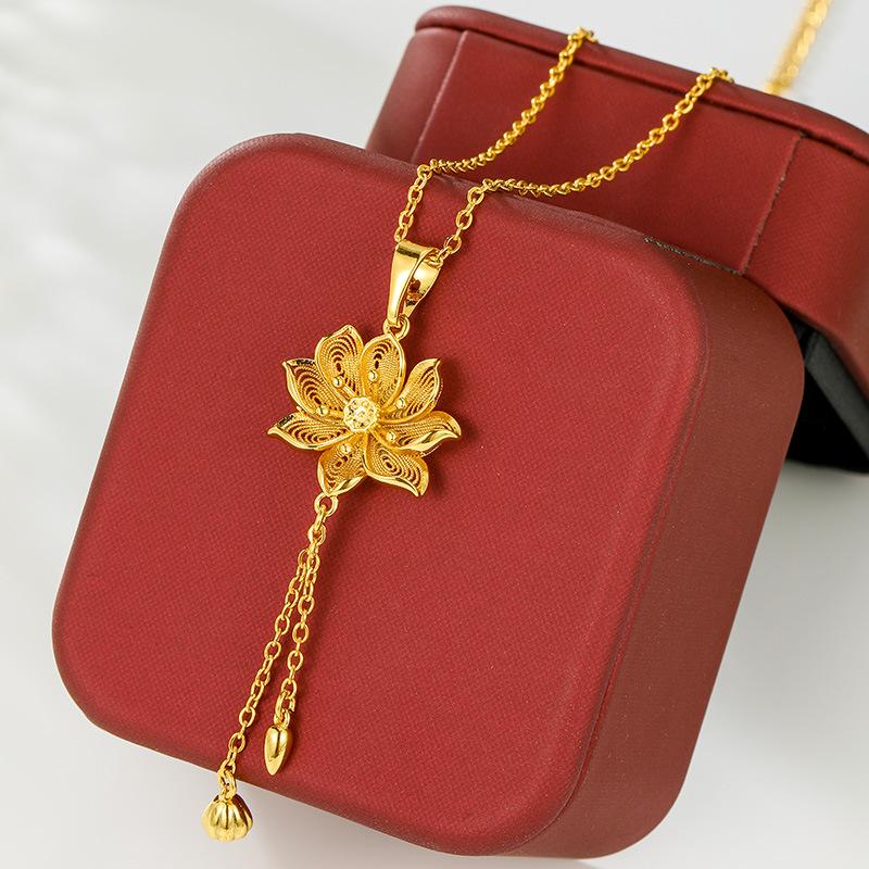 Luxury Pure Gold Real Gold Women s Flower Tassel Pendant Necklace золотой