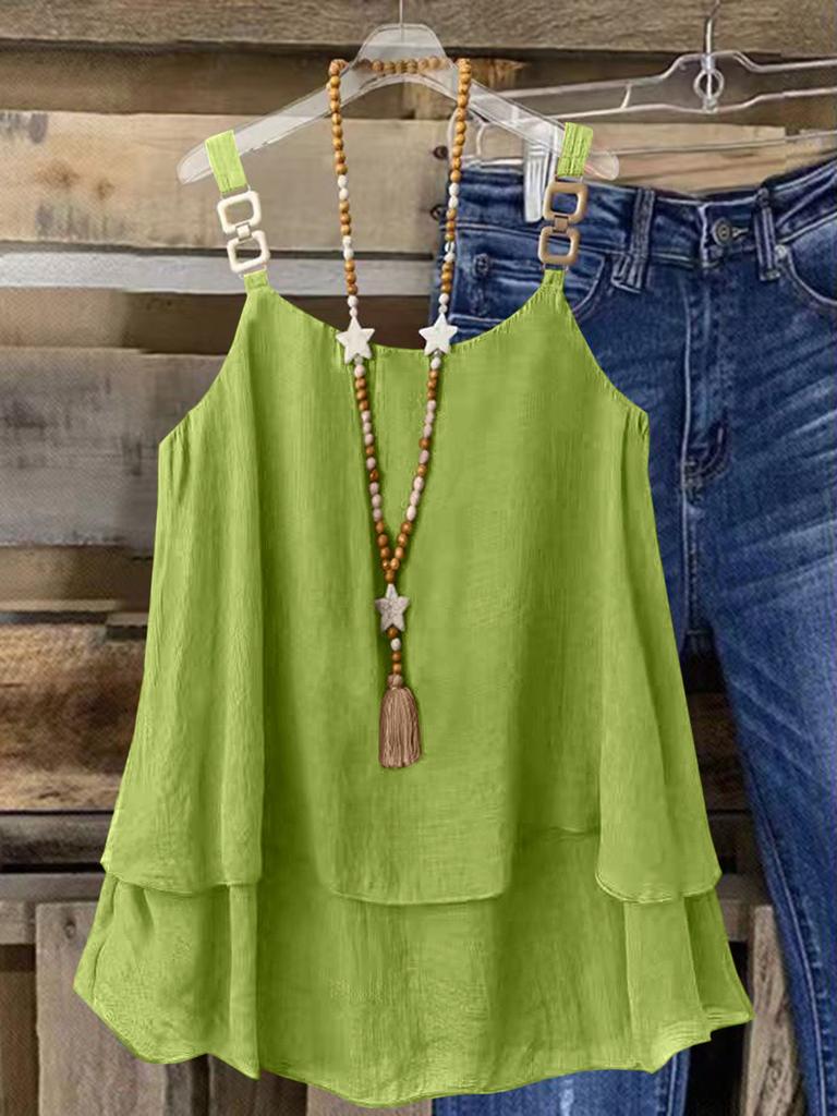 Spring and summer new crew neck women's clothing casual loose fashion elegant commuter vacation solid color double suspender top
