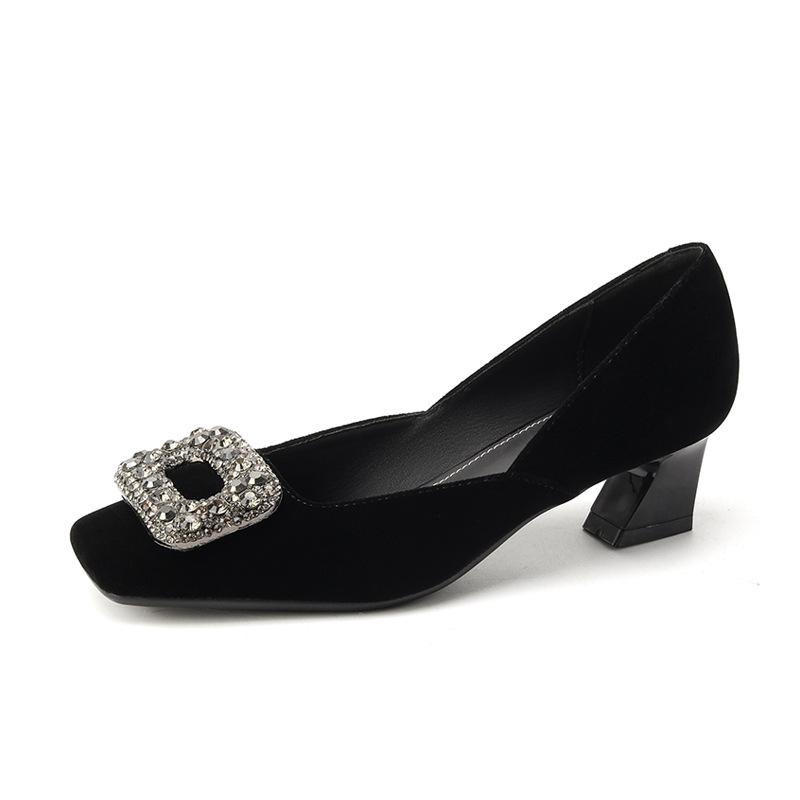 8-Square head thick heel high heels women's rhinestone square buckle single shoes women's temperament suede middle heel single shoes women