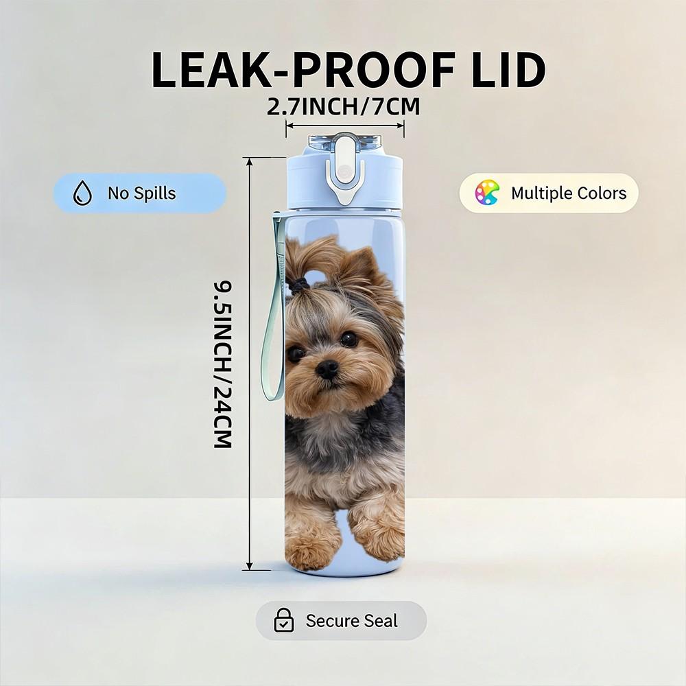 1PC Curly Hair Yorkie Puppy Portrait 750ml Color Plastic Sports Water Bottle Leakproof Flip Straw Lid Suitable for Sports Office Home Use