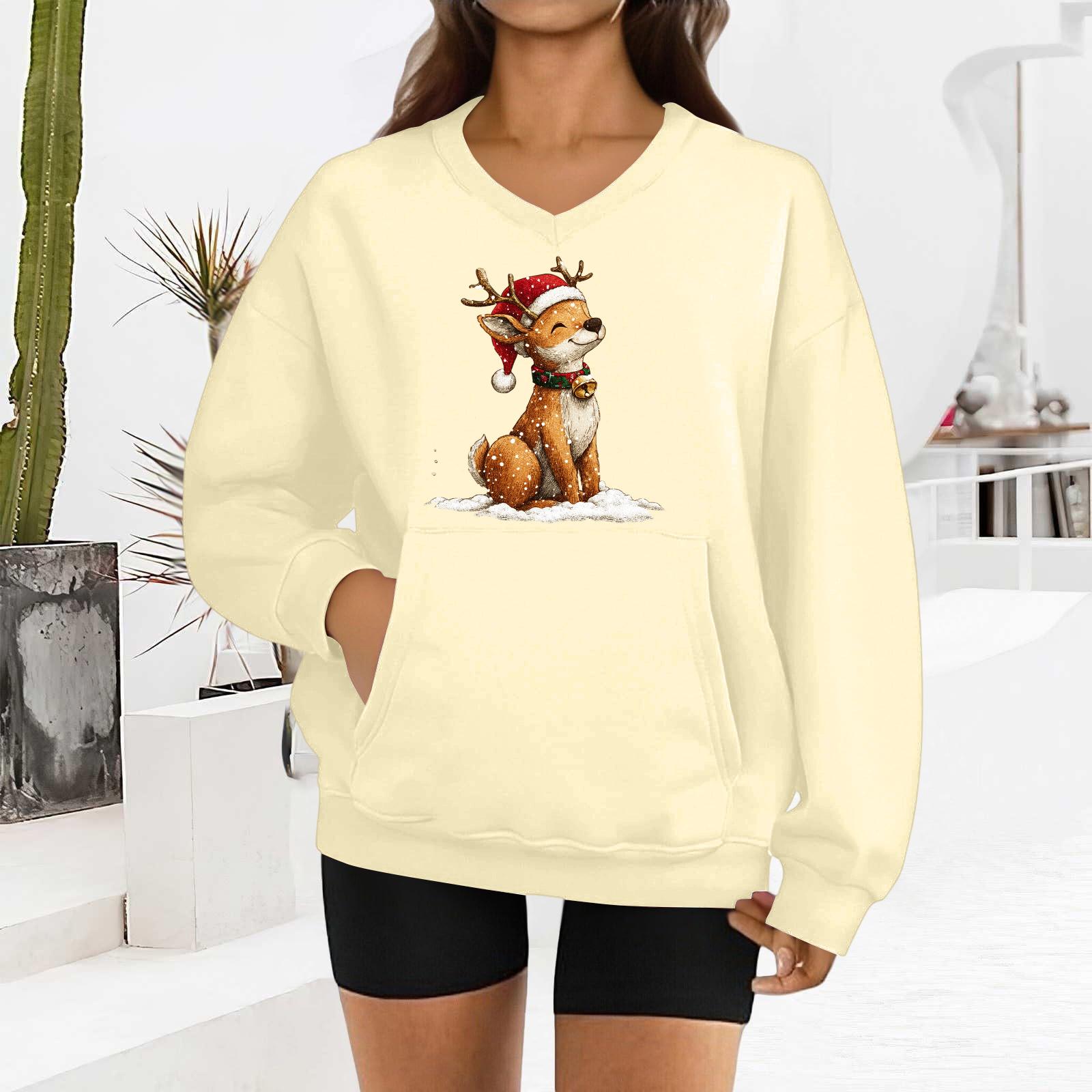 

Женский модный свитшот с длинными рукавами и V-образным вырезом с рождественским принтом XL бежевый