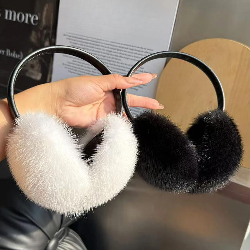 New Winter Luxury Women Warm Real Natural Mink Fur Earmuff Outdoor Fashion Mink Fur Earmuffs Girl Winter Ear Protection