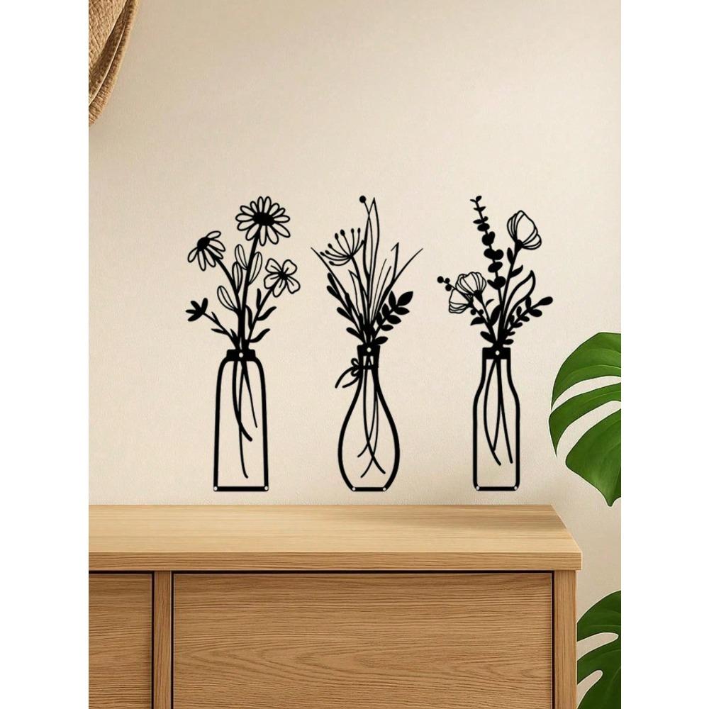 3 Piece Black Acrylic Floral Wall Art Set with Vase Modern Minimalist Home Decor Gift