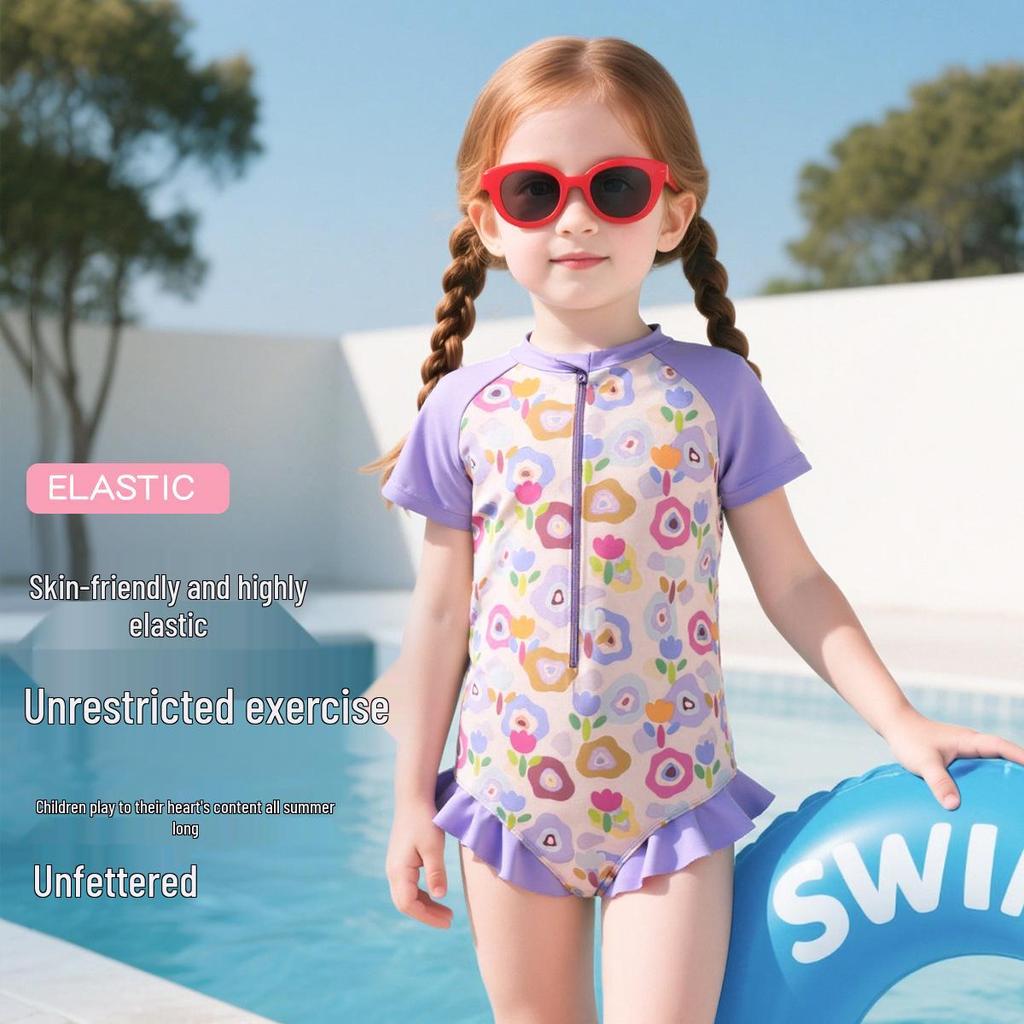 Costume da bagno a triangolo intero per bambina, ad asciugatura rapida, traspirante, con motivo floreale viola