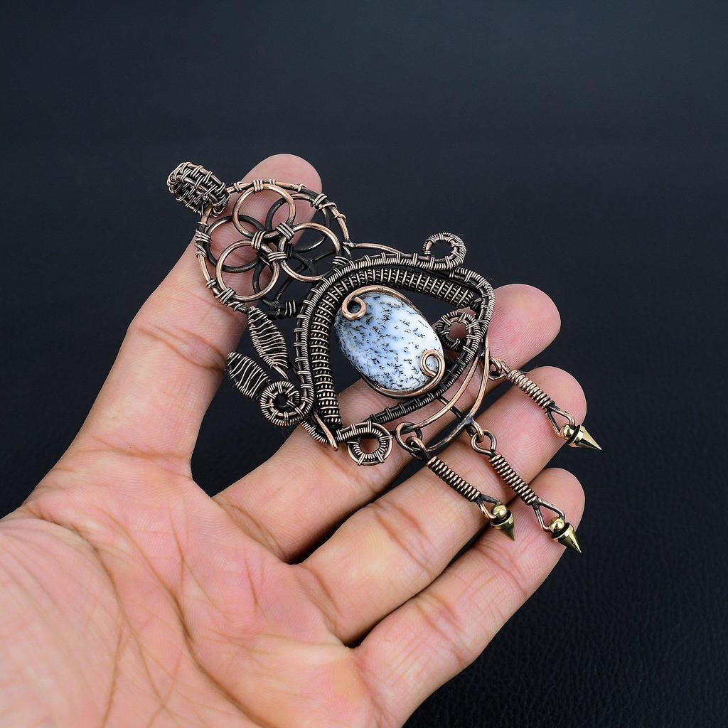 Dendrite Opal 999 Copper Wire Wrapped Pendant, Handmade Gemstone Jewelry Pendant Gift For Birthday