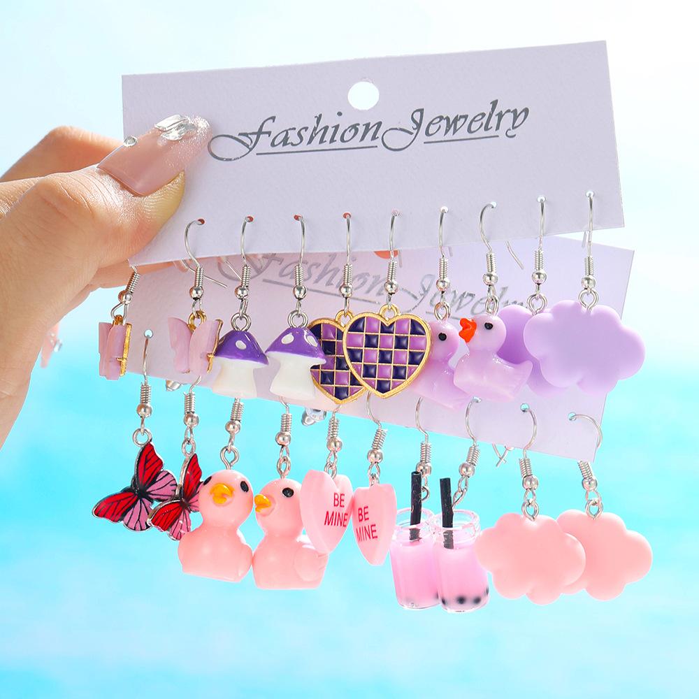 Cartoon Duck Frog Dangle Earrings Set Cute Animal Butterfly Heart Mushroom Drop Earrings for Women Girls Trendy Jewelry Gifts