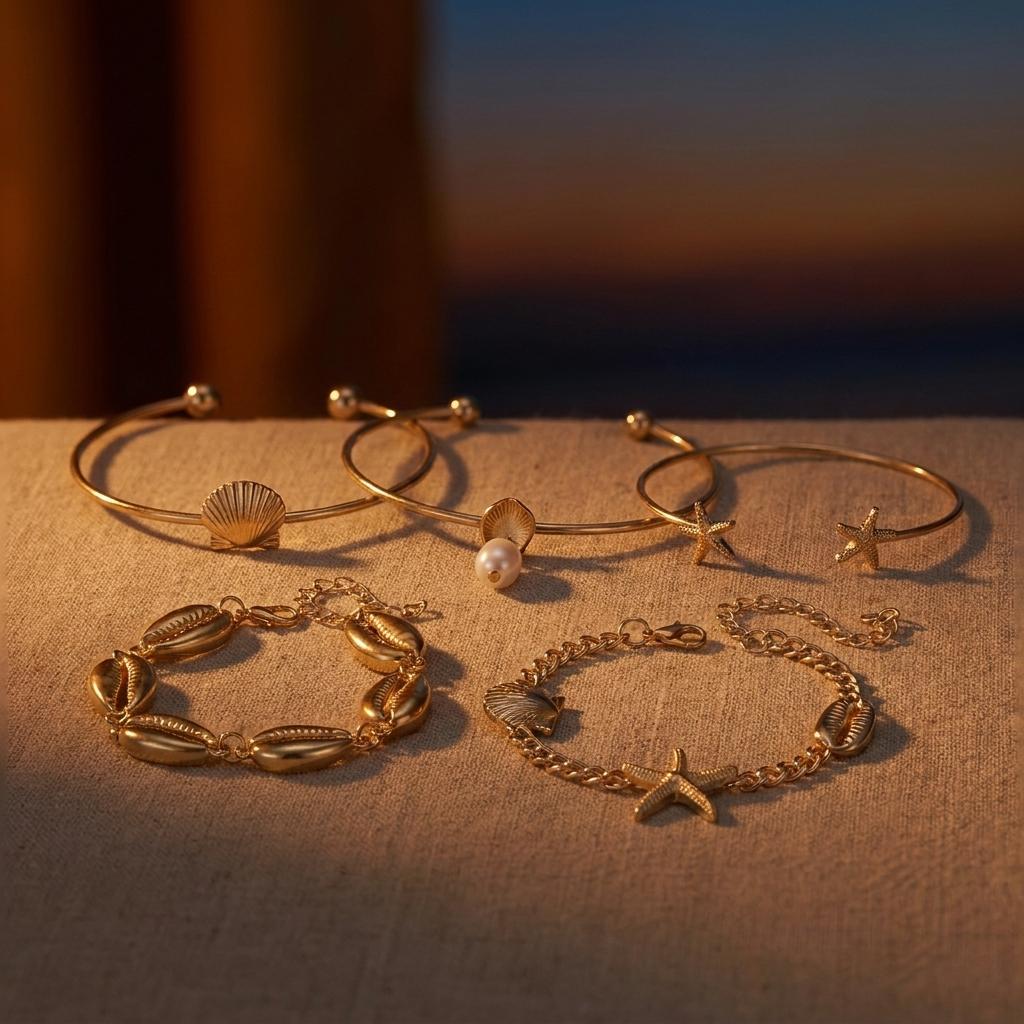 Trendy Mermaidcore Ocean Theme Bracelet Set for Women Gold Color Sea Shell Starfish Charm Layered Bangles Y2K Fairy Jewelry Gift