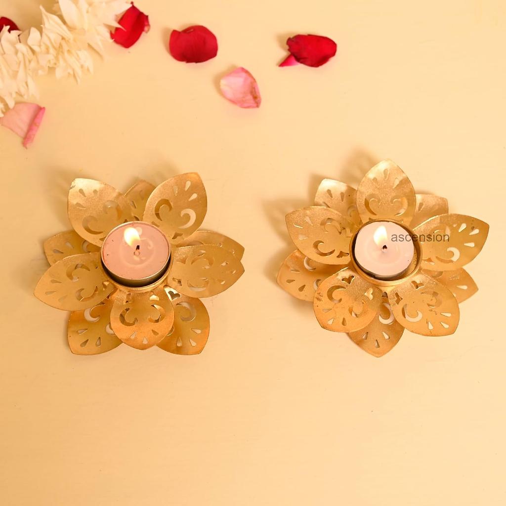 Lotus Floral Decorative Metal Diyas, For Diwali Décor Tea Light Candle Holder