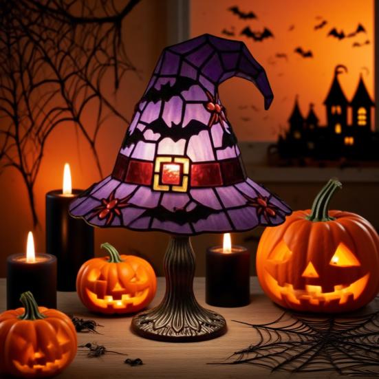 Witch Hat Lamp Stained Resin Gothic Wizard Hat LED Night Light Spooky Small Table Lamp for Indoor Bedroom Halloween Decor