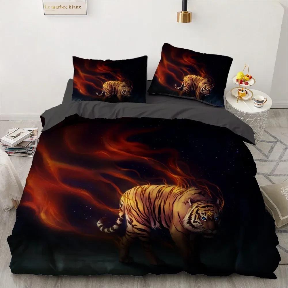 3D Bedding Set Black Duvet Quilt Cover Set Comforter Cover Pillowcase King Queen Size Animal Tiger Printed Polyester Quilt Cover