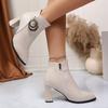 Winter pointed British high-heeled fashion boots thick heel velvet large size metal buckle short boots women