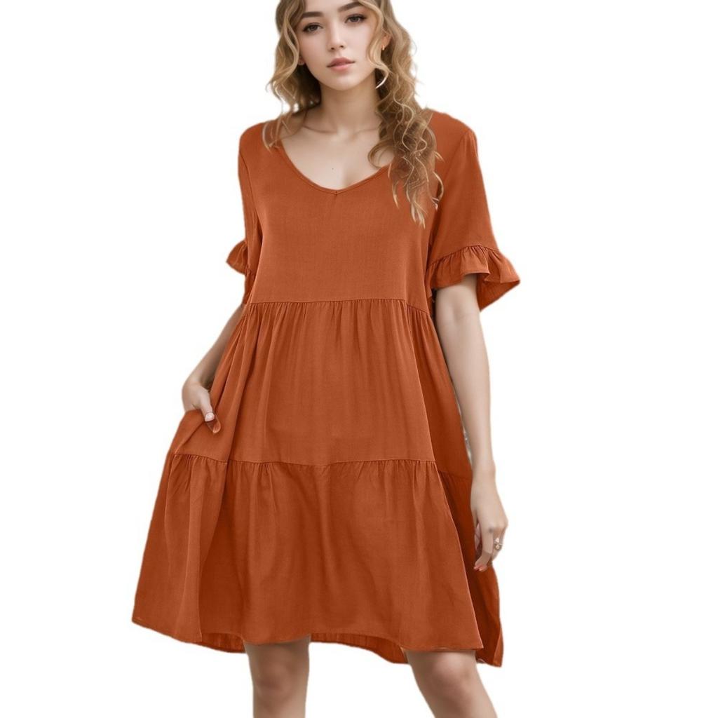 Summer Women's Casual V-Neck Ruffled Babydoll Dress, European American Style Fashion Ladies Dress