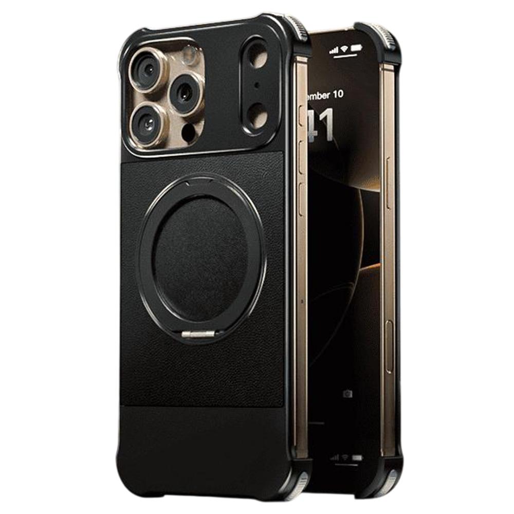 For iPhone 16 Pro Max Magnetic Case with Kickstand Borderless PU+Metal Drop Proof Phone Back Cover