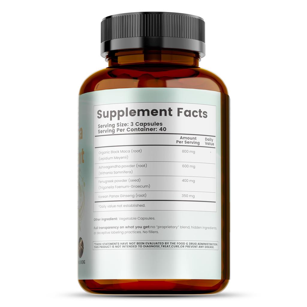 Organic Black Maca Capsules Containing Ashwagandha and Fenugreek Extracts, 2150 Mg Per Serving, an Energy Supplement.