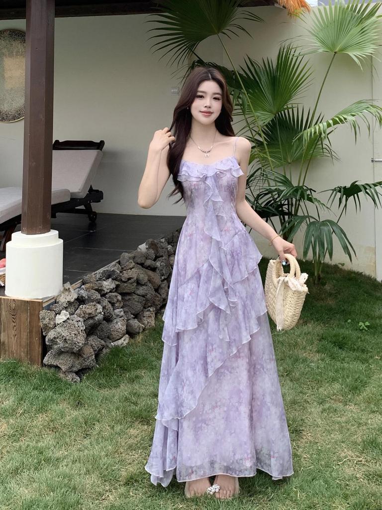 Plus Size Women's Floral Ruffle Camisole Dress & Cardigan Set - Purple Spring/Summer Two-Piece Outfit