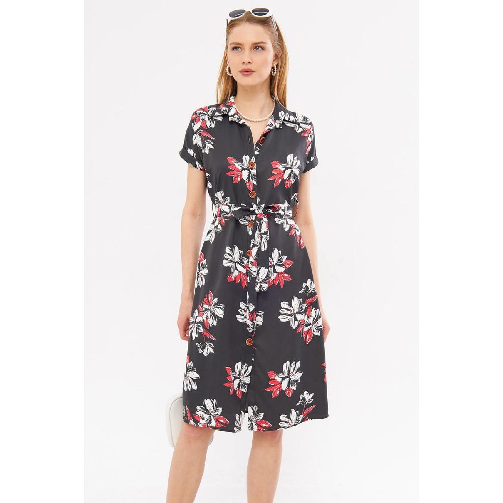 Women's Navy Blue Big Floral Belted Short Sleeve Shirt Dress Arm-22y001007