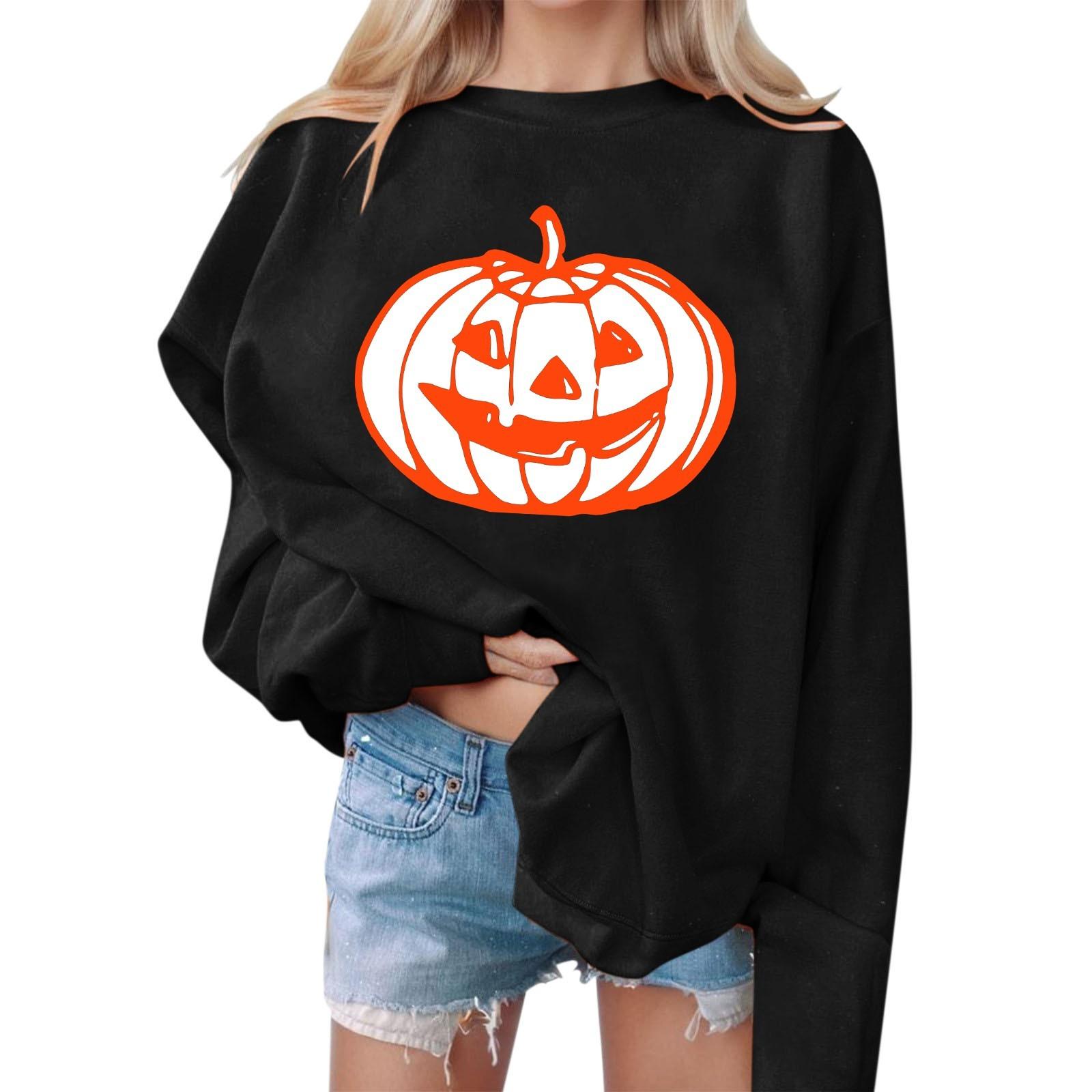 

Женские повседневные модные толстовки с длинным рукавом и круглым вырезом с принтом Хэллоуина, пуловер, топ L чёрный