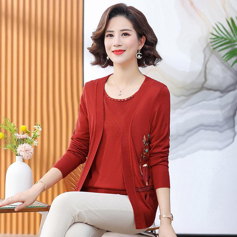 

Spring Arrival: Knit Cardigan Two-Piece Set for Stylish Middle-Aged Women XL (100-110 jin) красный
