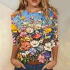 Women's Fashion Casual Three-quarter Sleeve Vintage Floral Print Round Neck Top