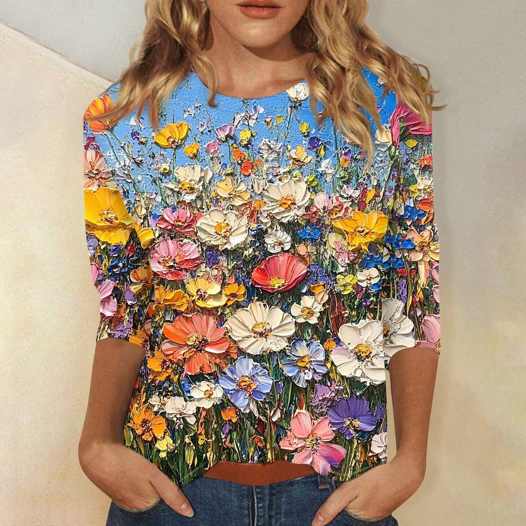 Women's Fashion Casual Three-quarter Sleeve Vintage Floral Print Round Neck Top