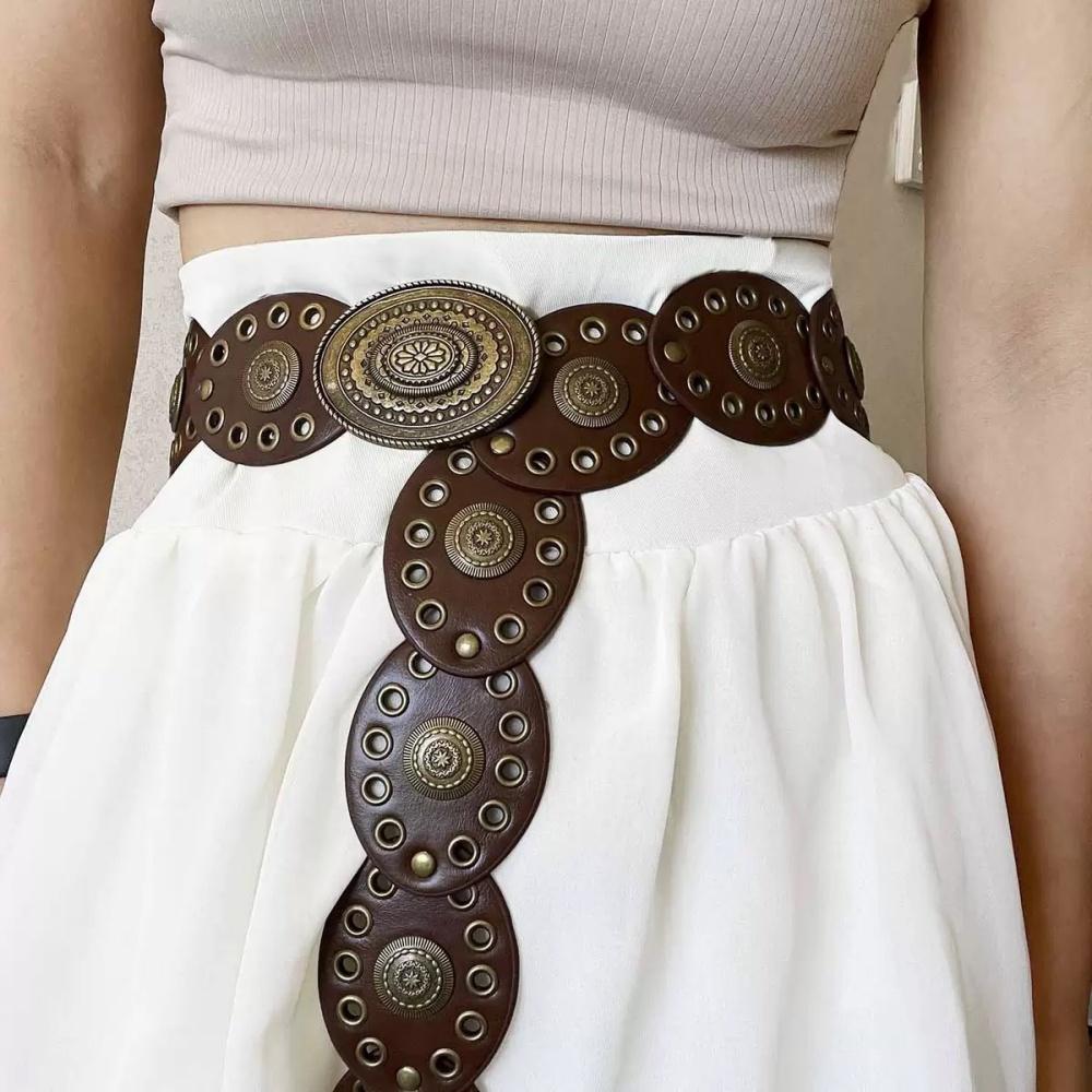 Vintage Western Belt Vintage Pu Leather Waistband Steampunk Wide Waist Belt Western Large Round Buckle Belt For Themed Party