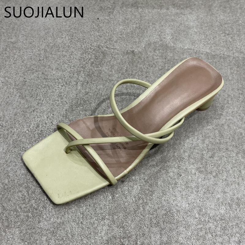 Fashion SUOJIALUN Summer Square Low Heel Women Slipper Fashion Narrow Band Ladies Sandal Outdoor Beach Casual Slides Shoes Big Size 40