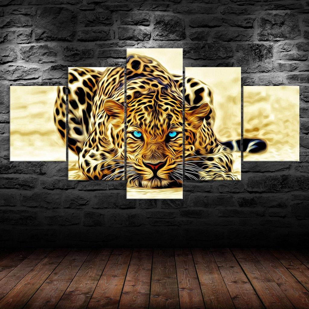 Leopard Animal Blue Eyes 5 Piece Five Panel Canvas Print Modern Wall Art Poster Home Decor For Him For Her Gift