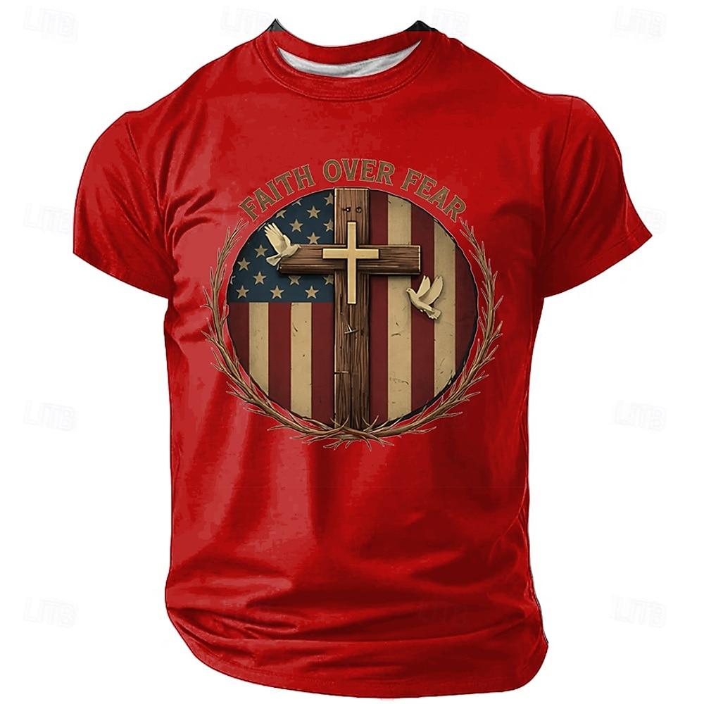 Men s Bible Cross Christian T Shirt Short Sleeve T shirt 3D Print Crew Neck Shirt Religious Patriotic Casual Daily Party Blue Black XL